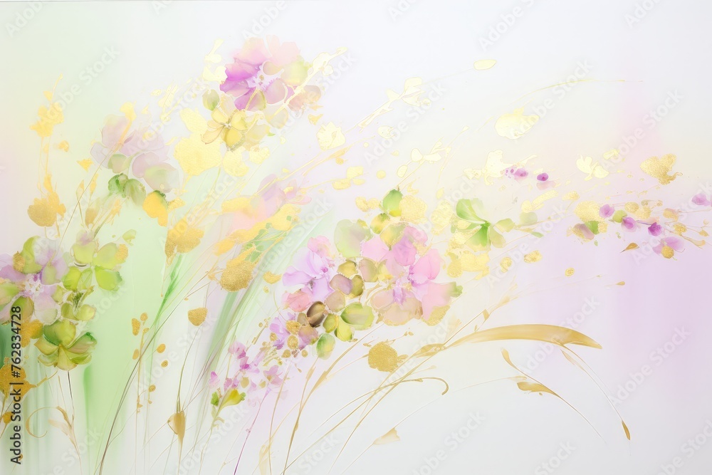 Poster A vibrant and intricate painting showcasing a beautiful array of colorful flowers blooming elegantly on a clean, white background
