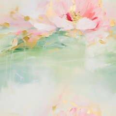 A mesmerizing painting of delicate pink flowers blooming on a lush green background, creating a serene and enchanting scene