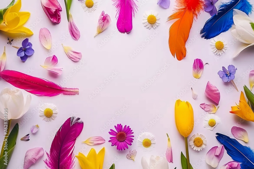 Poster a captivating arrangement of colorful flowers and delicate feathers forming a mesmerizing circular p