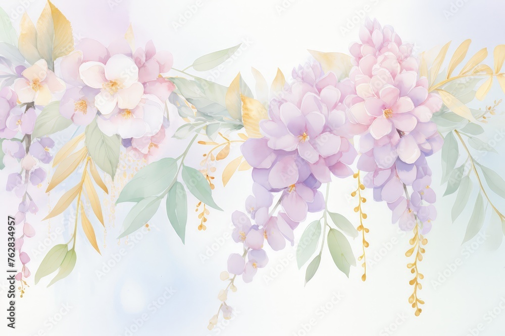 Wall mural a captivating painting featuring delicate purple wisteria flowers blooming vibrantly against a prist