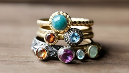 A Stack Of Bohemian Inspired Rings Featuring Color Upscaled 2