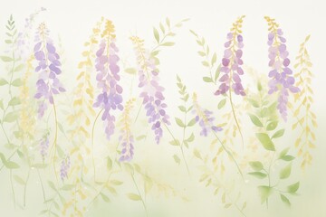 A vibrant painting of delicate purple wisteria flowers gracefully blooming on a serene white background