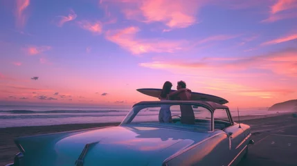  Sunset Beach Love Story with Vintage Convertible Car AI Generated. © Adri