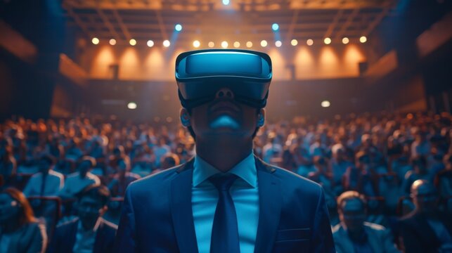 Businessman wearing VR glasses at a seminar