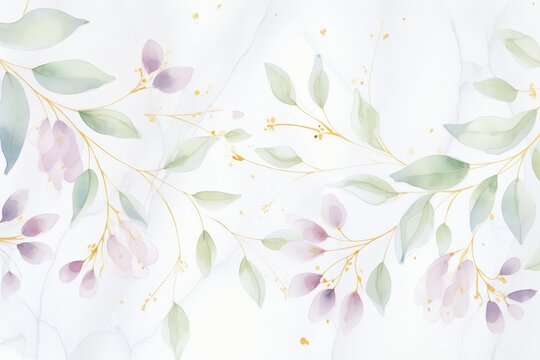 A vibrant watercolor painting featuring delicate leaves and blossoming flowers, floating gracefully on a pristine white background