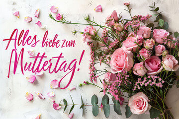 German Happy Mothers Day text with vibrant bouquet of pink roses is elegantly placed on a table, exuding beauty and grace