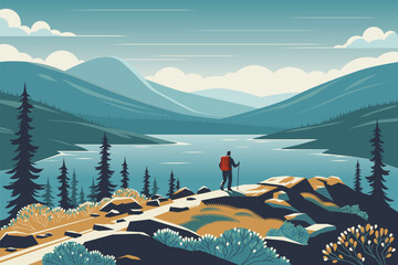 Lonely traveller hiking in the mountains, vector illustration. Beautiful nature outdoor, backpacking trip to a national park - obrazy, fototapety, plakaty