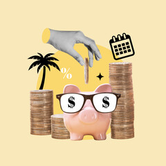 Piggy bank, sunglasses, vacation savings, travel savings, vacation week, Easter, break from work,...
