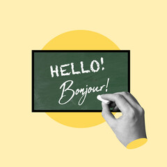 Hello, Bonjour, French, France, French Culture, Learn, Speak, English Culture, Classroom, Blackboard, Visual Media, Teach, Greet, Dialogue, Speech, School Building, Education, Student, Study, Write © N-Universe