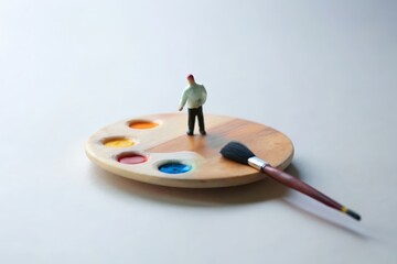Miniature human. White background. Artist painting on a large palette with a brush.
