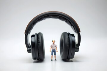 Fototapeta na wymiar Miniature human. White background. DJ mixing music with giant headphones.