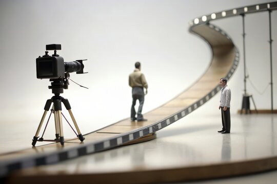 Miniature human. White background. Director and cameraman shooting a movie on a large film strip.
