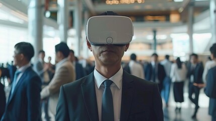 Businessman wearing VR glasses at a seminar