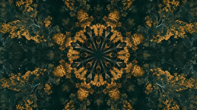 Drone Aerial Shot of Green & Brown Symmetrical Floral Kaleidoscope
