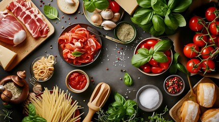 Fototapeta na wymiar Italian Culinary Spread Ingredients and Dishes
