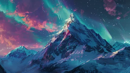 Poster Aurores boréales Mountaintop at night, where the aurora lights paint the sky in shades of green, purple and pink