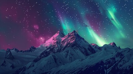 Mountaintop at night, where the aurora lights paint the sky in shades of green, purple and pink