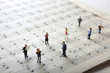 Miniature people. White background. Musician composing music on a giant musical score.
