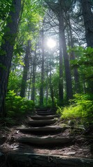 Rustic wooden stairway winding through lush forest