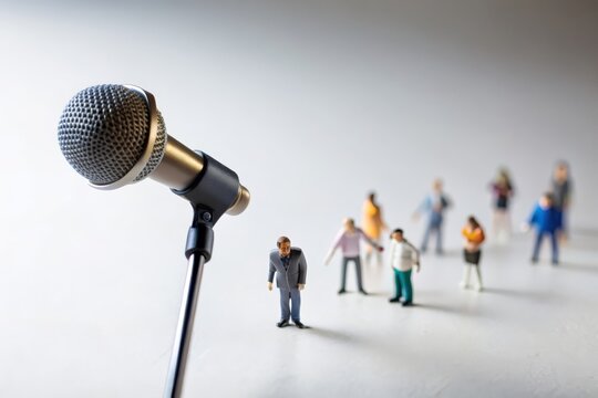 Miniature people. White background. Singer performing in front of a large microphone.