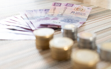 Dinero, monedas, deudas, billetes rosas y finanzas. Pesos mexicanos 