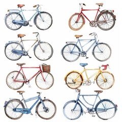KS Set of watercolor bicycles on white background