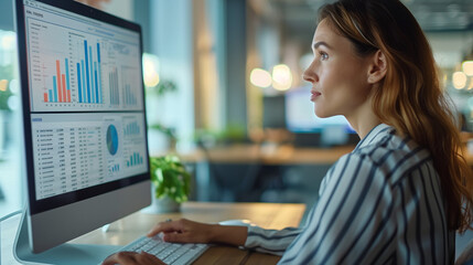 A female data analyst working on the computer in a bright modern office