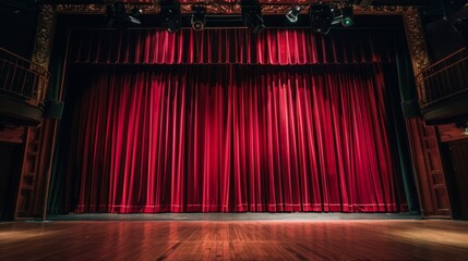 Empty comedy theater accented by dark red curtains and empty stage