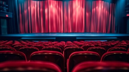 Empty comedy theater with rows of empty seats, with dark red curtains