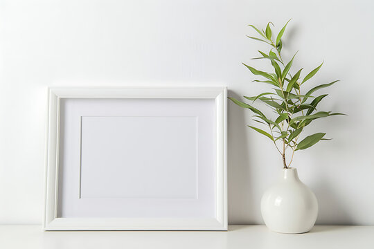 White picture frame mockup, white vase with flowers 