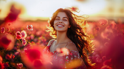Radiant And Beautiful - Woman Embraced by Sunset in Blooming Flower Field