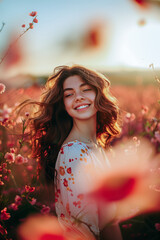 Obraz na płótnie Canvas Sun-kissed Beauty - Young Woman Amidst a Dreamy Sunset Floral Landscape