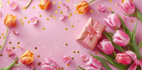 Fototapeta na wymiar Colorful tulips with a gift box and confetti on a pink