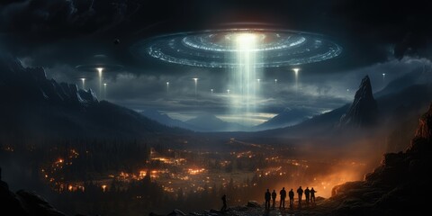 People gazing at a UFO above the city, beneath the midnight sky