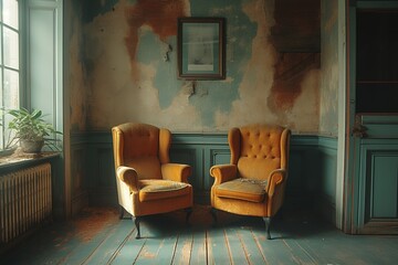 armchair with empty wall, Modern Interior With Colored Leather Armchair