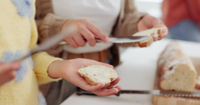 Mother, girl and cooking with bread and butter, kitchen and daughter for bonding or lunch. Snack, food and preparing sandwich for family with parent and child, home and nutrition for breakfast meal