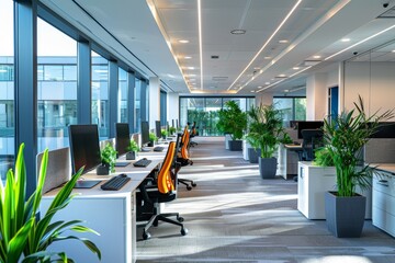 Modern corporate office interior with plants, empty desks, and bright lighting - obrazy, fototapety, plakaty