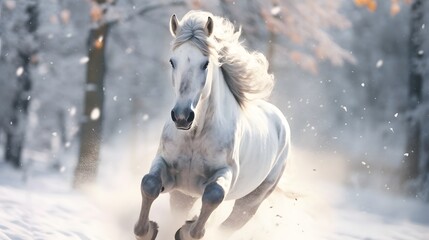 A majestic white horse galloping freely in the snow.