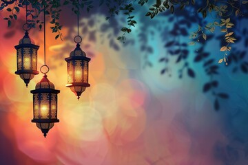 Fototapeta na wymiar Muslim holy month and glittering golden bokeh lights Ornamental Arabic lantern with burning candle glowing at night