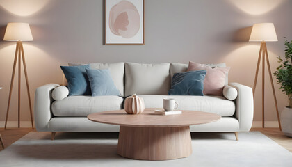 Round wood coffee table white sofa home interior design of modern living room 4