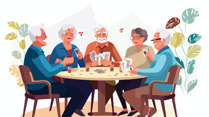 Group of seniors at table playing cards flat vector