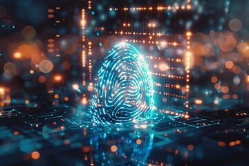 photorealistic image of a fingerprint morphing into a glowing blue padlock