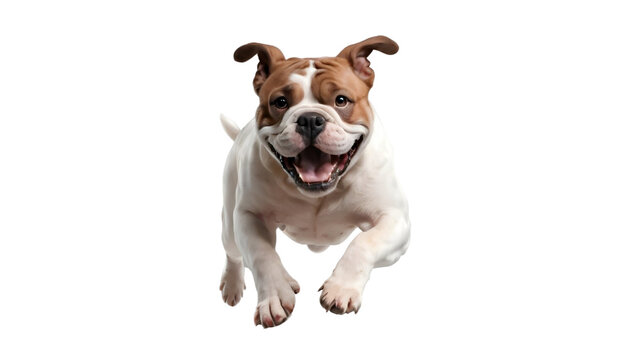 Bulldog in motion, playing, running towards camera isolated on transparent background 