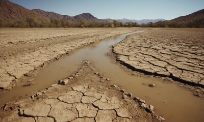 global warming, drought, dry river beds, the earth is cracked from the heat