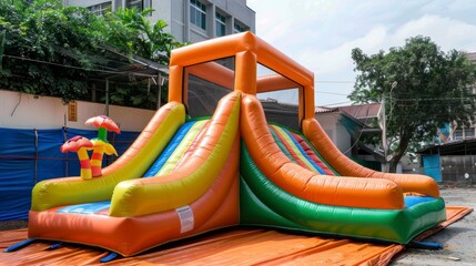 colorful inflatable games for children in front of a daytime house in high resolution