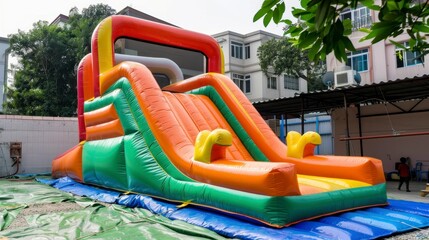 colorful inflatable games for children in front of a daytime house in high resolution and quality