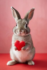 bunny with heart, love, Easter, wedding celebration, greeting card concept - cute bunny with red heart isolated on red background