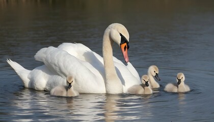 A Swan With Its Cygnets Swimming Around It Learni Upscaled 3