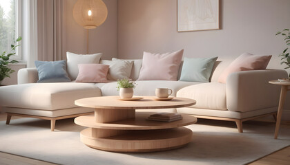 Fototapeta na wymiar Round wood coffee table white sofa home interior design of modern living room 7