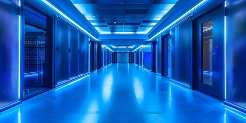 Efficient and Secure Data Center with Networking Equipment in Blue Theme. Concept Data Center Design, Networking Equipment, Blue Theme, Efficiency, Security
